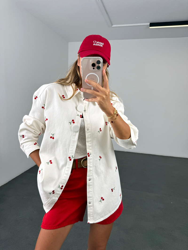 Ekru Kiraz Nakışlı Denim Ceket 