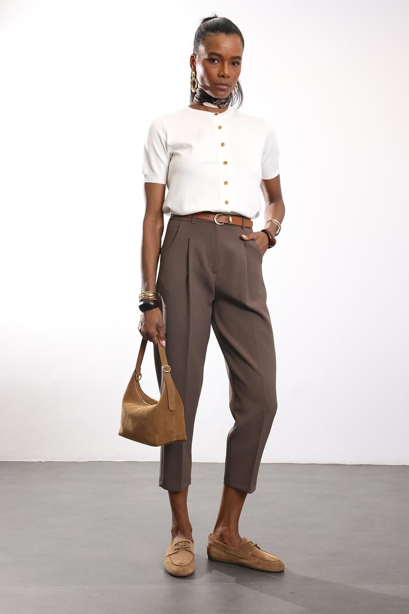 Ekru Kısa Kollu Triko Hırka 