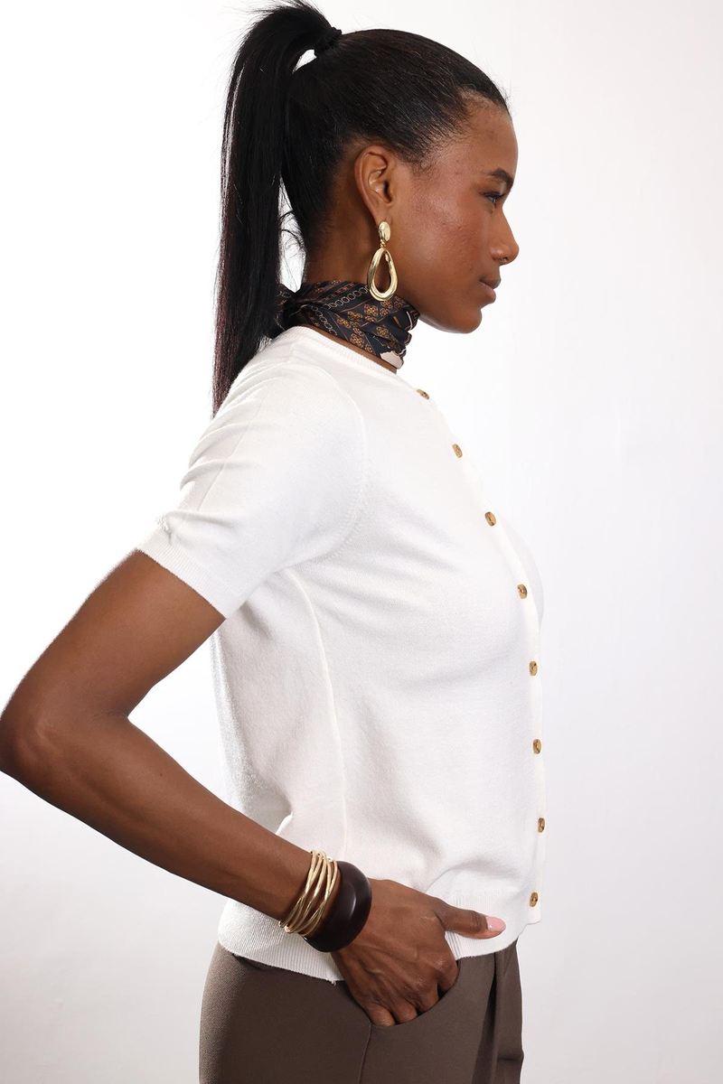 Ekru Kısa Kollu Triko Hırka 