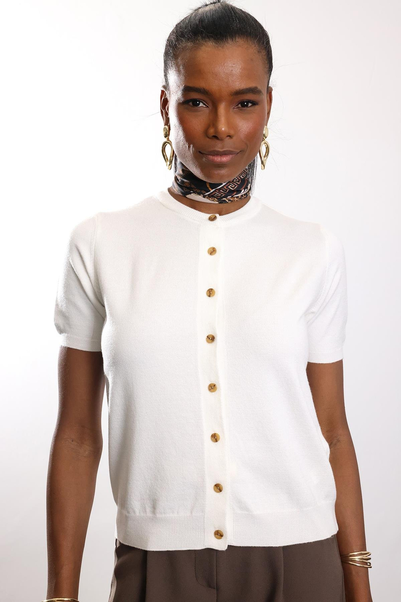 Ekru Kısa Kollu Triko Hırka 