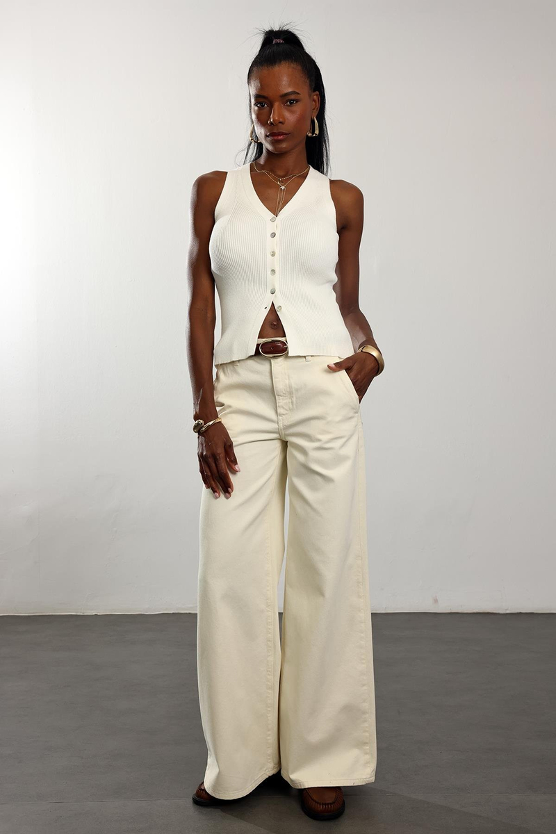 Ekru Klasik Wide Leg Jean 