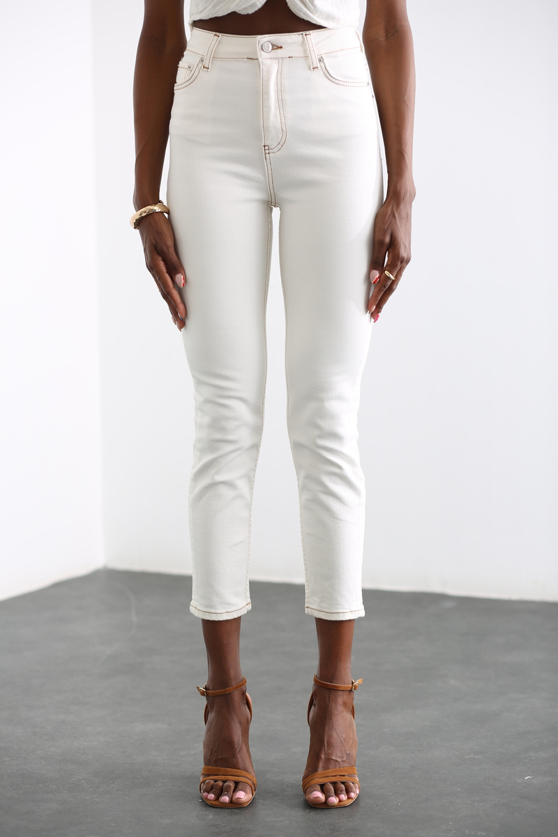 Ekru Kontrast Dikişli Mom Jean 2516