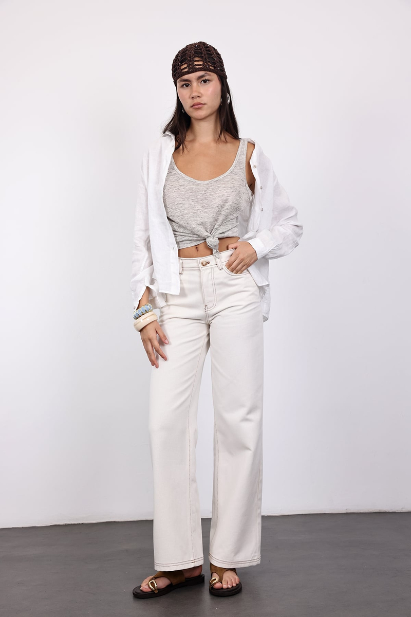 Ekru Kontrast Dikişli Straight Jean 