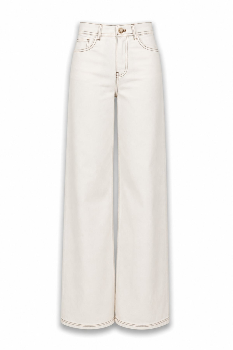 Ekru Kontrast Dikişli Straight Jean 
