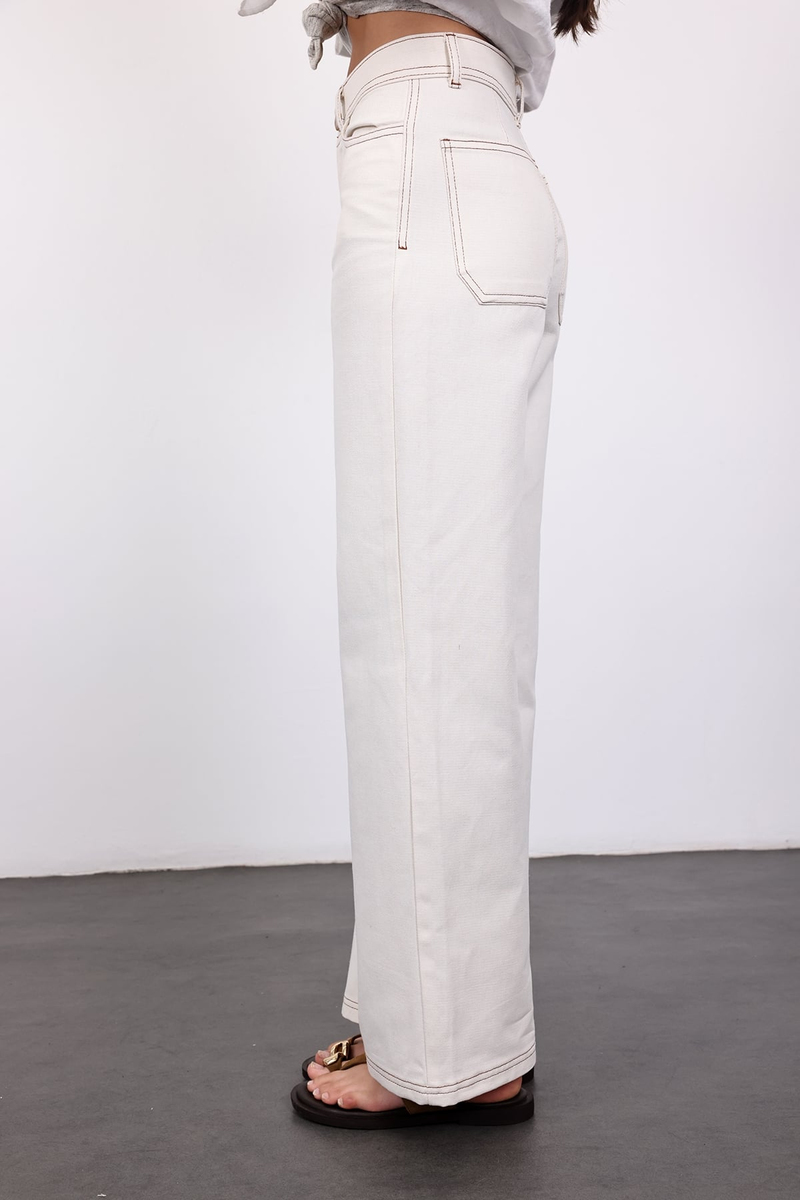 Ekru Kontrast Dikişli Straight Jean 