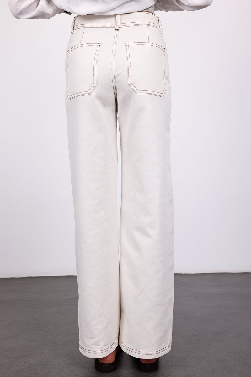 Ekru Kontrast Dikişli Straight Jean 
