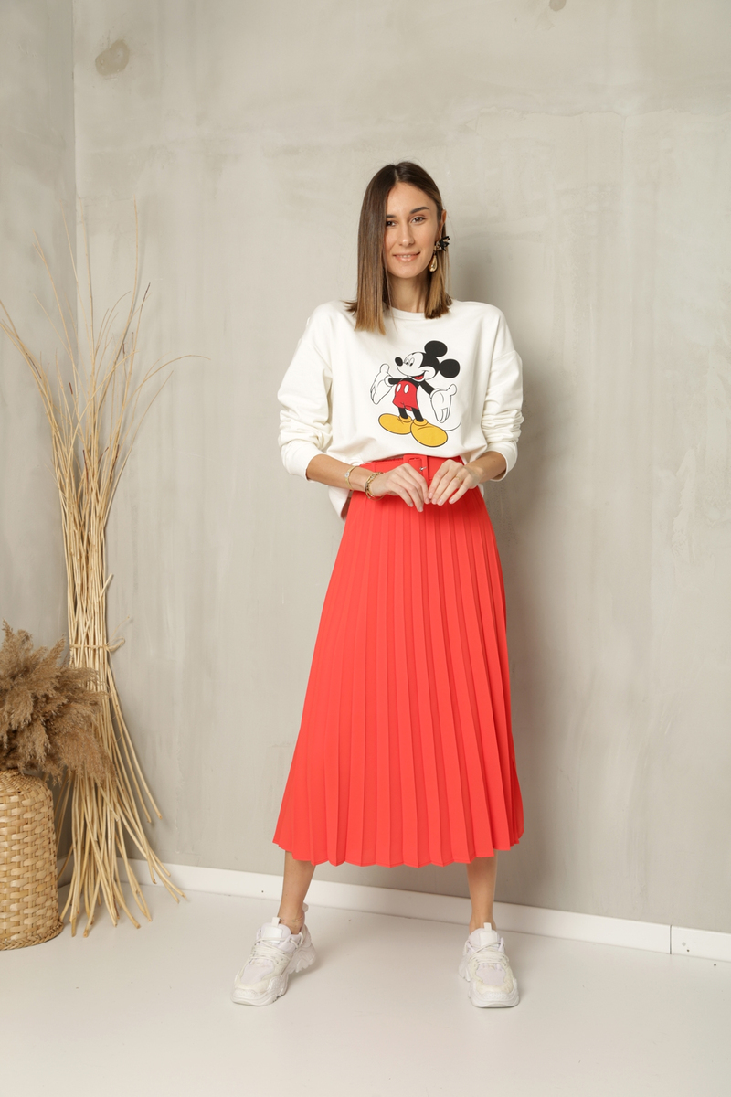 Ekru Mickey Mouse Baskılı Kısa Sweatshirt 
