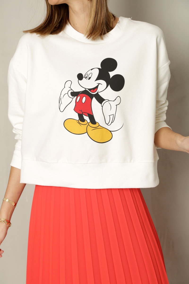 Ekru Mickey Mouse Baskılı Kısa Sweatshirt 