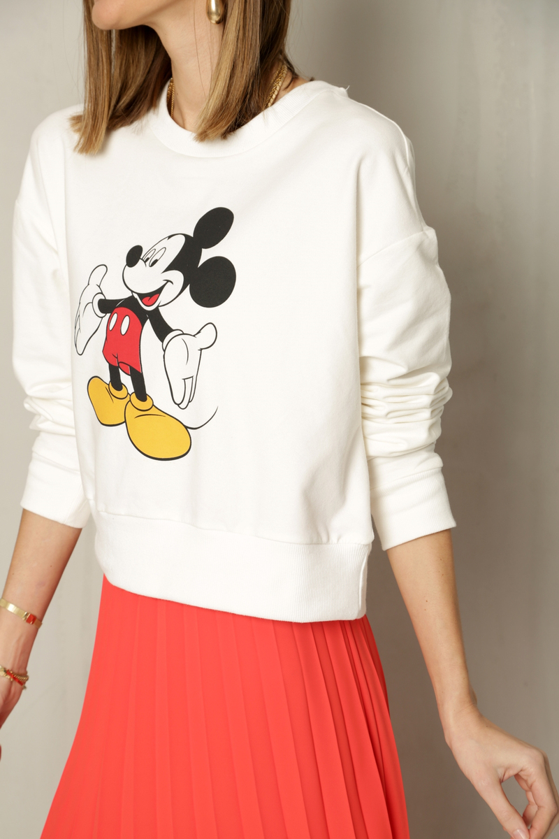 Ekru Mickey Mouse Baskılı Kısa Sweatshirt 