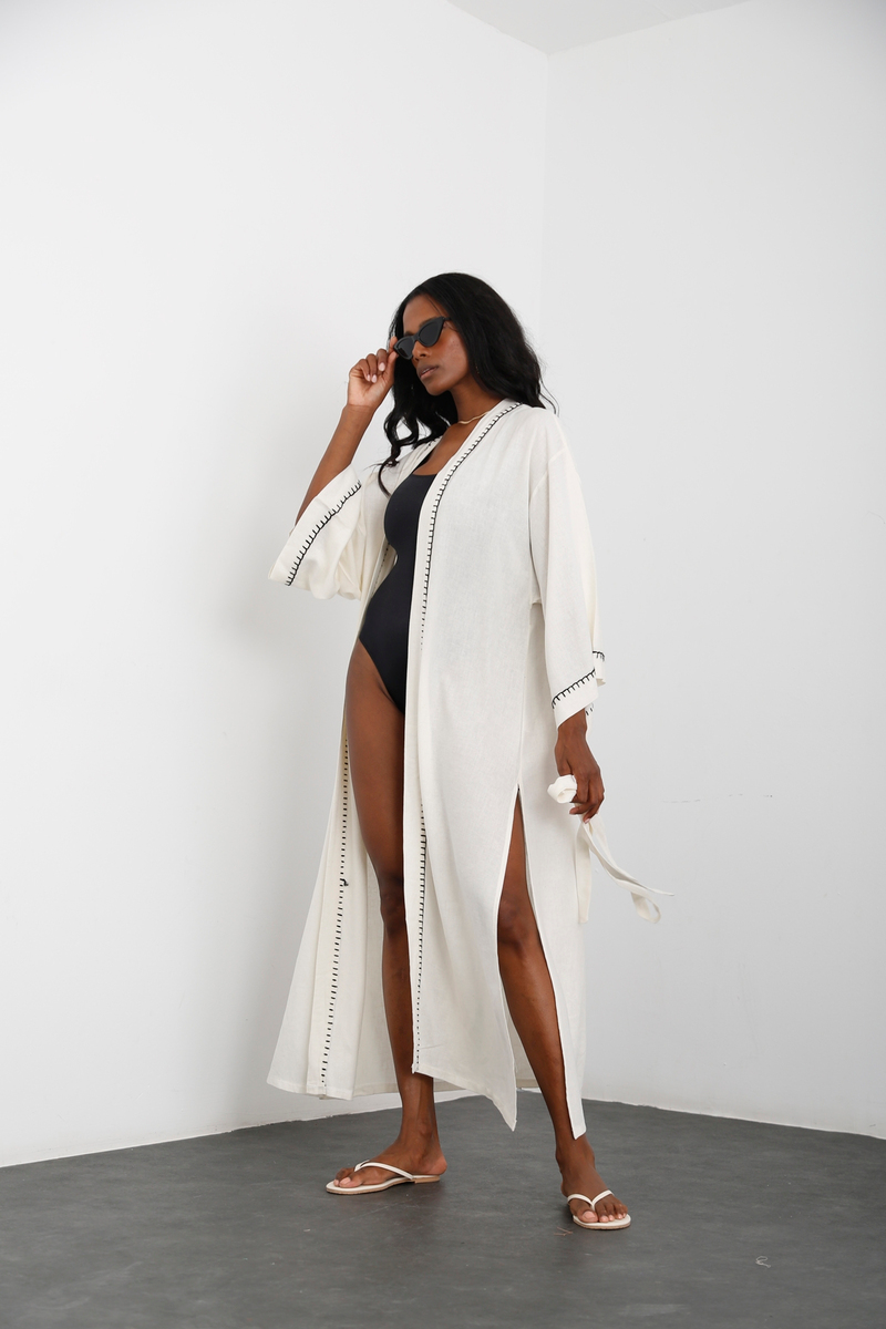 Ekru Mısır Püsküllü Kuşaklı Kimono 635
