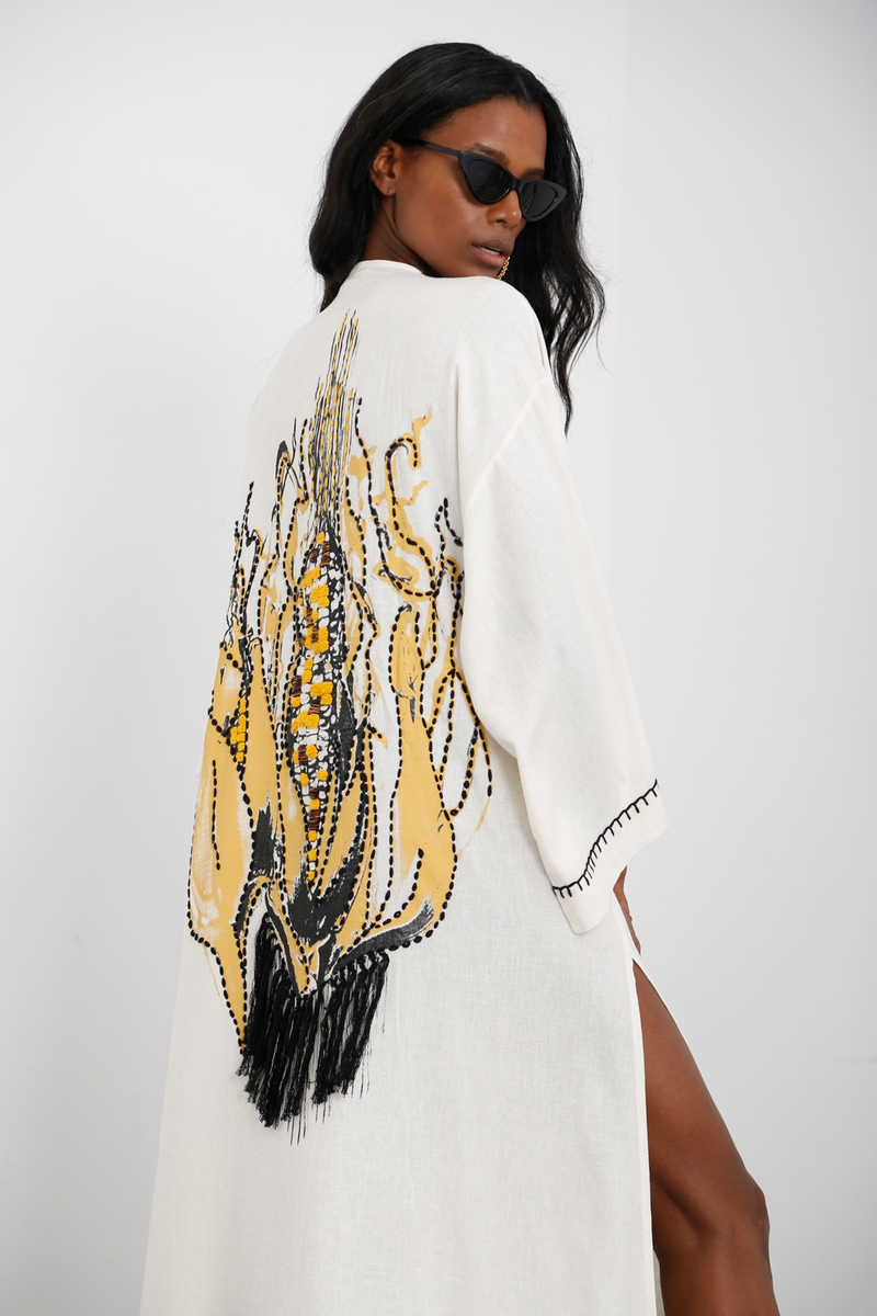 Ekru Mısır Püsküllü Kuşaklı Kimono 635