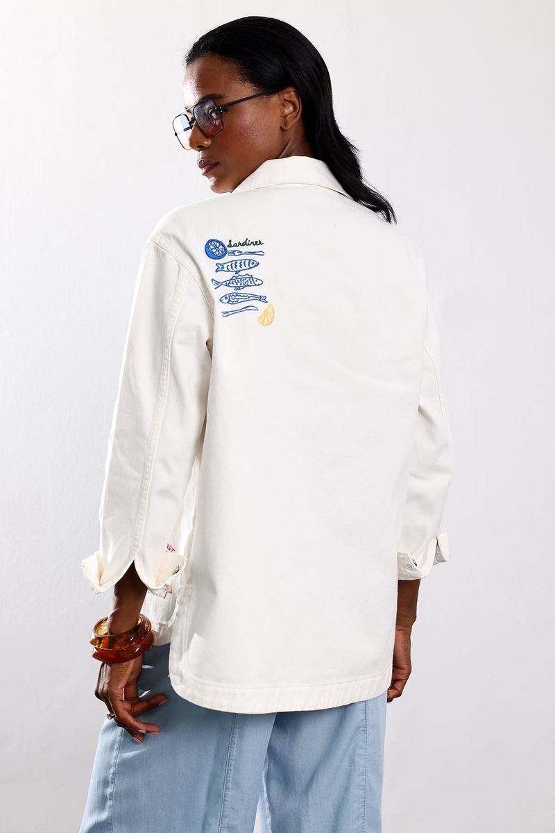 Ekru Nakış Detaylı Oversize Denim Ceket 