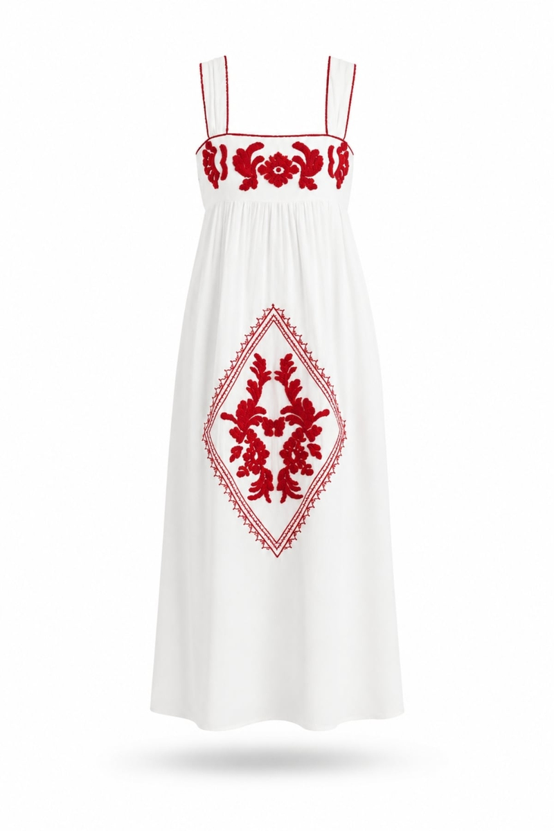 Ekru Nakışlı Midi Boy Elbise 18605