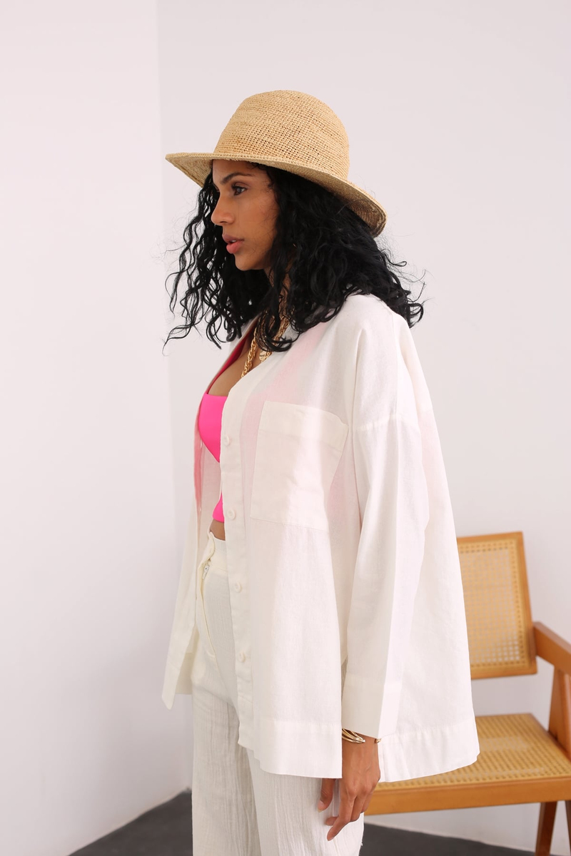 Ekru Oversize Ceket Gömlek 