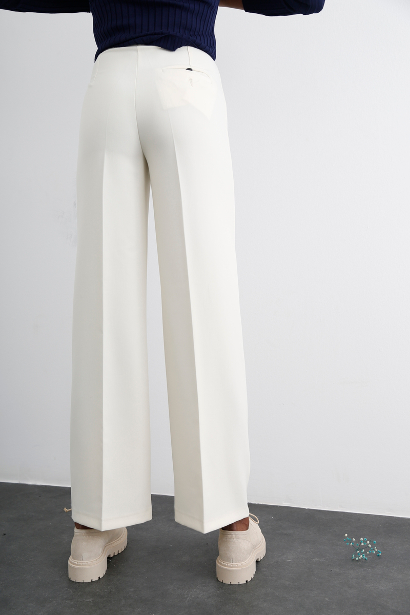 Ekru Pensli Geniş Paça Pantolon 3599