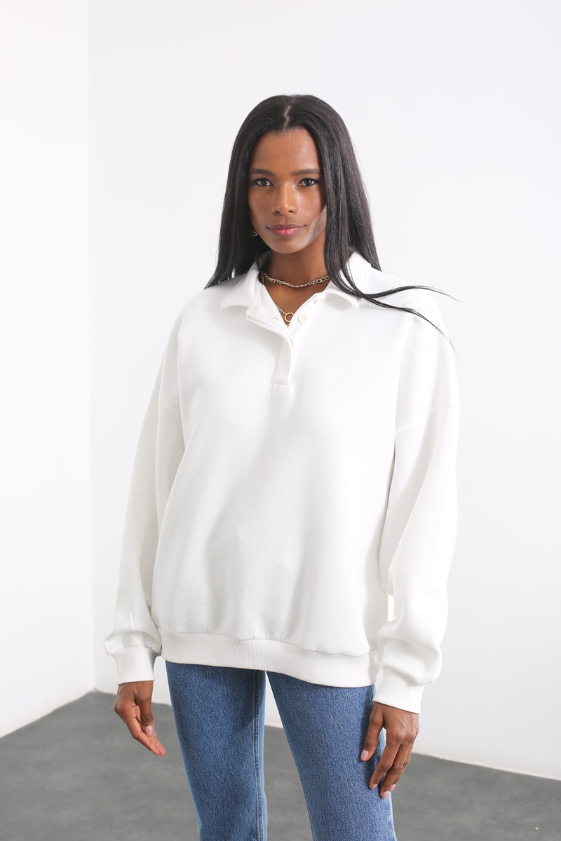 Ekru Polo Yaka Sweatshirt 