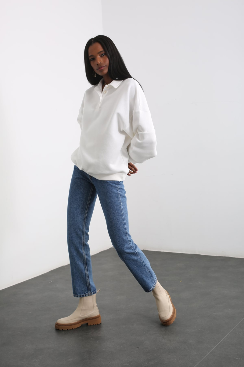 Ekru Polo Yaka Sweatshirt 