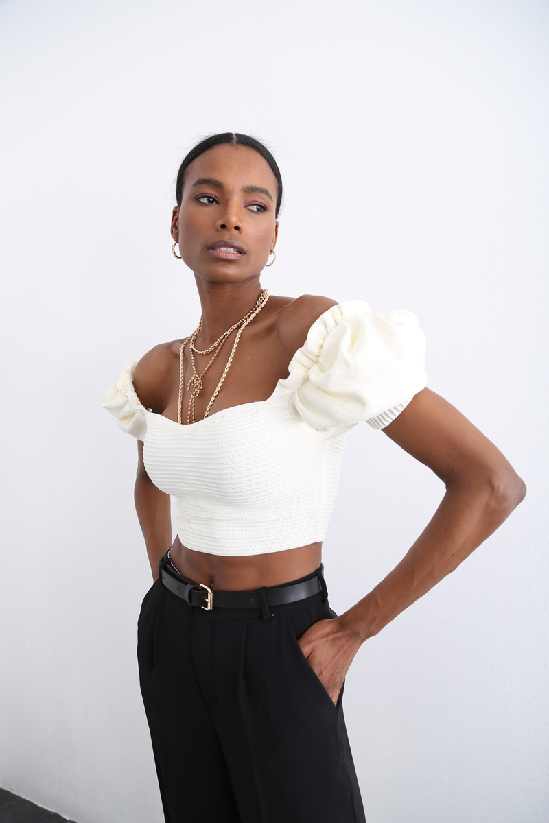 Ekru Prenses Kol Crop Bluz 9009