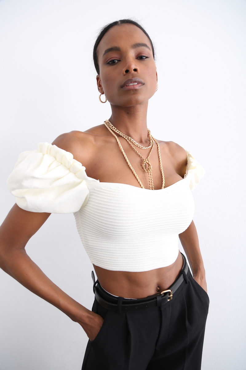 Ekru Prenses Kol Crop Bluz 9009