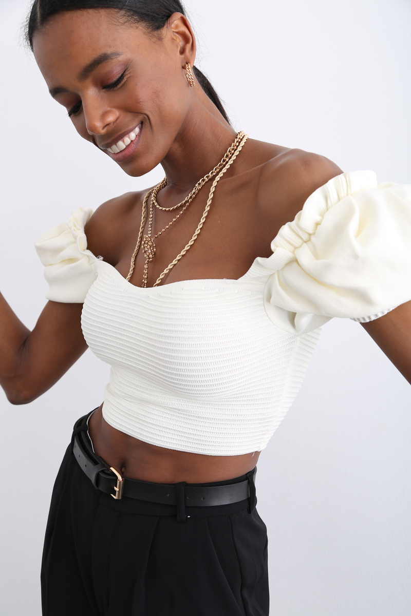 Ekru Prenses Kol Crop Bluz 9009
