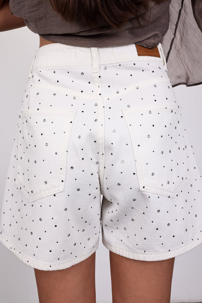 Ekru Taşlı Denim Şort 1020