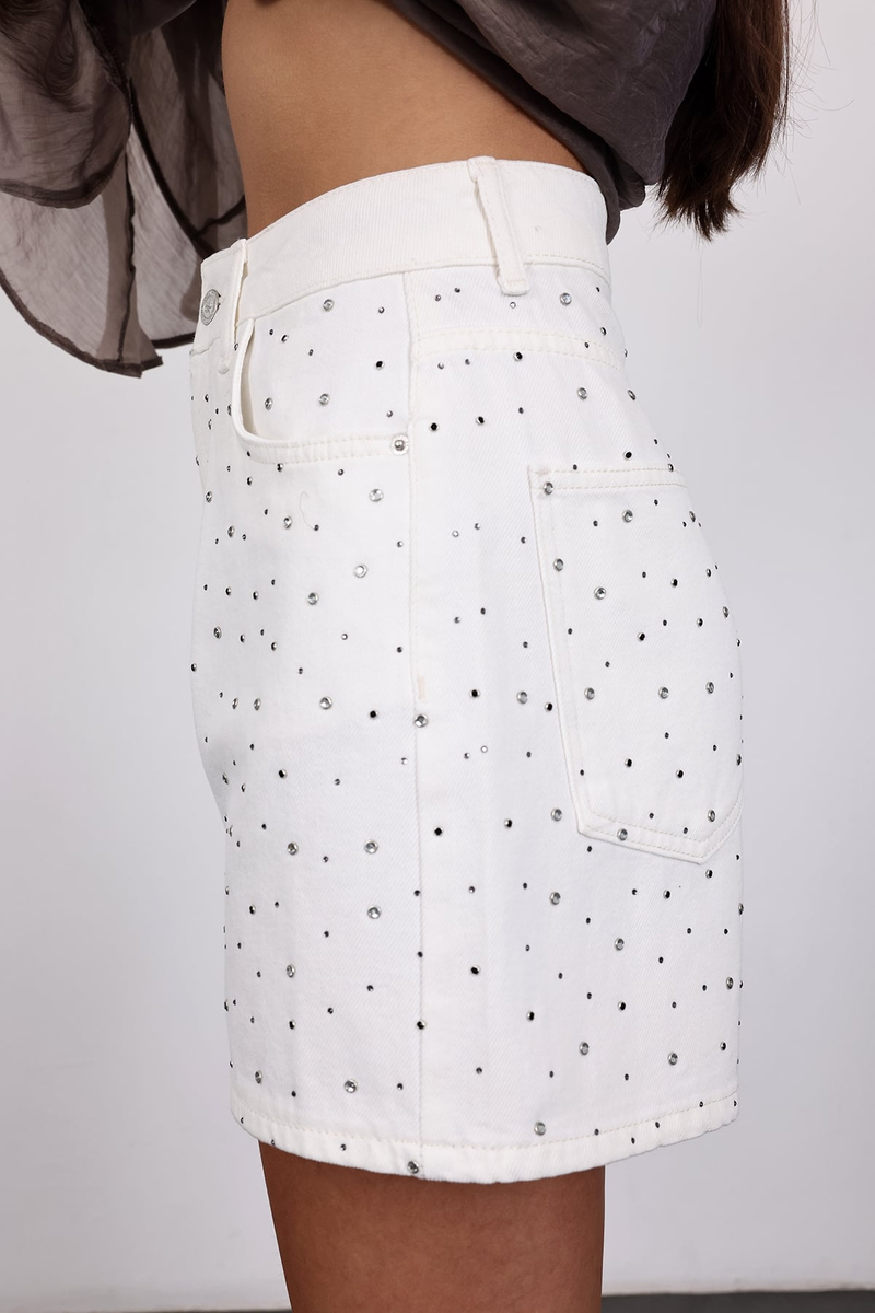 Ekru Taşlı Denim Şort 1020