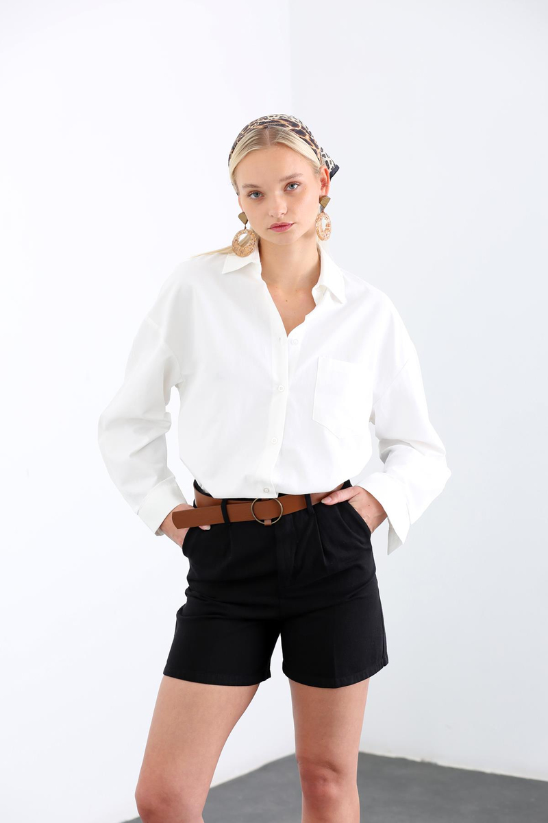 Ekru Tek Cepli Oversize Gömlek 