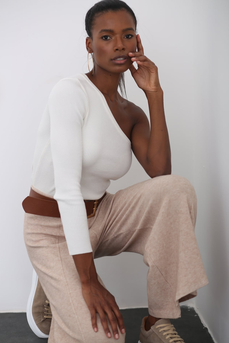 Ekru Tek Kol Triko Crop T92103