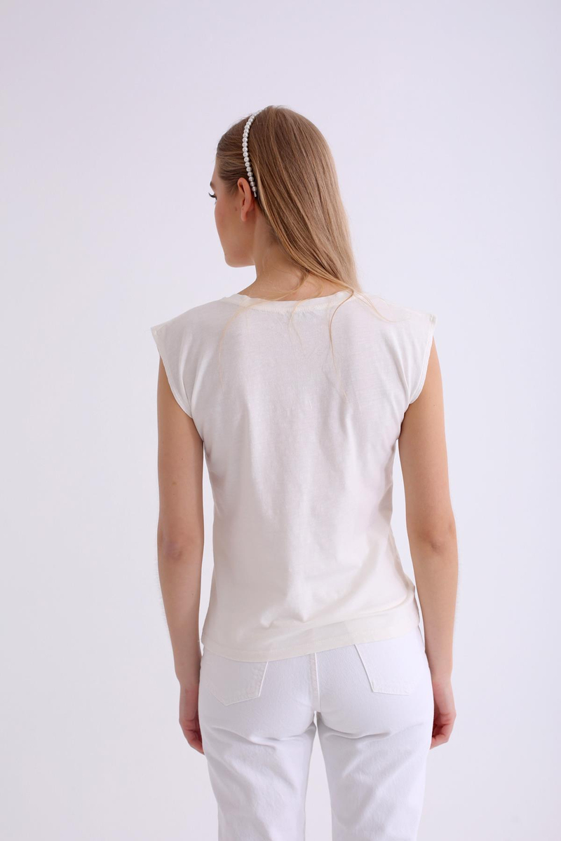 Ekru V Yaka  Nakışlı Tshirt 4709