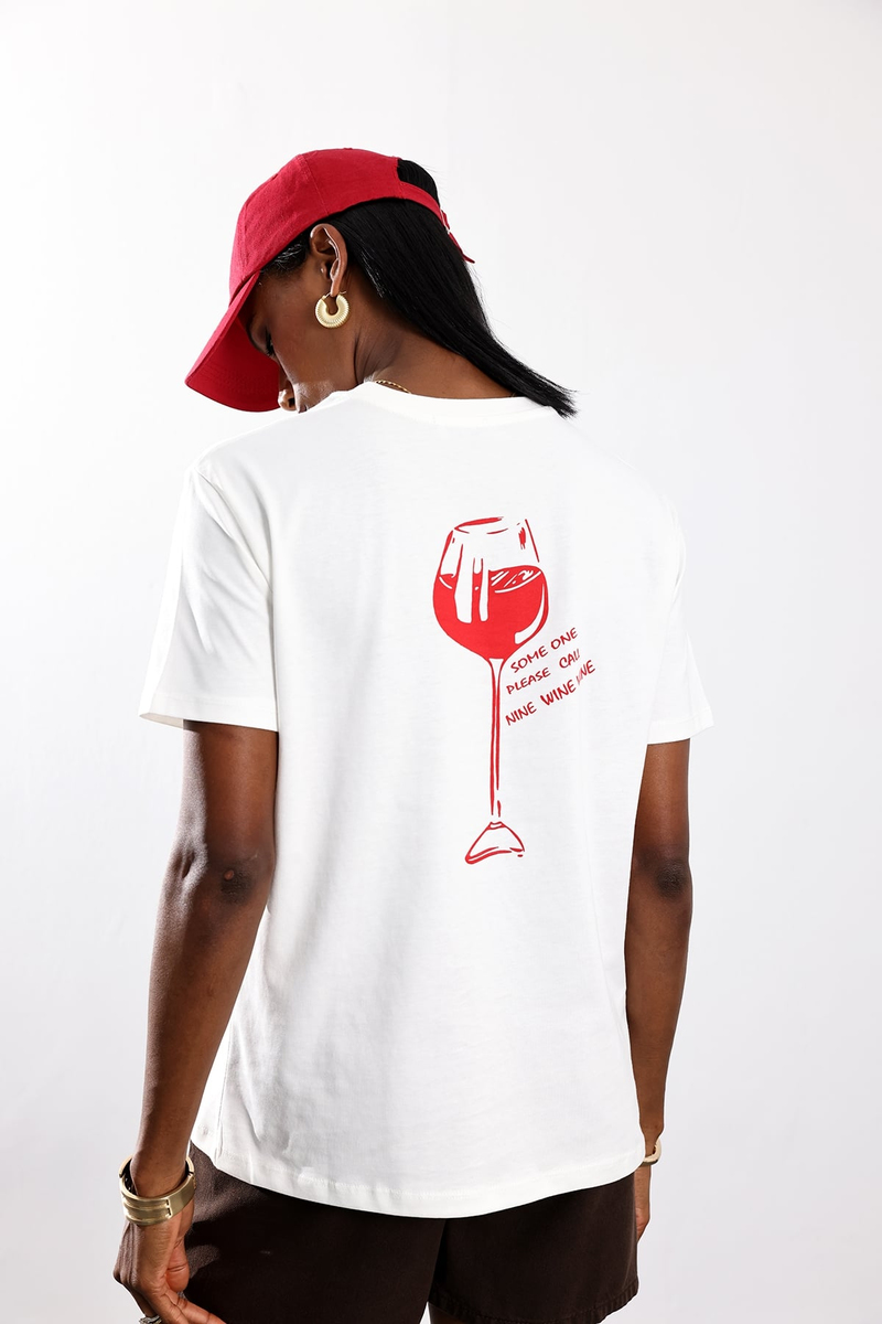 Ekru Wine Not Baskılı Tişört 8615