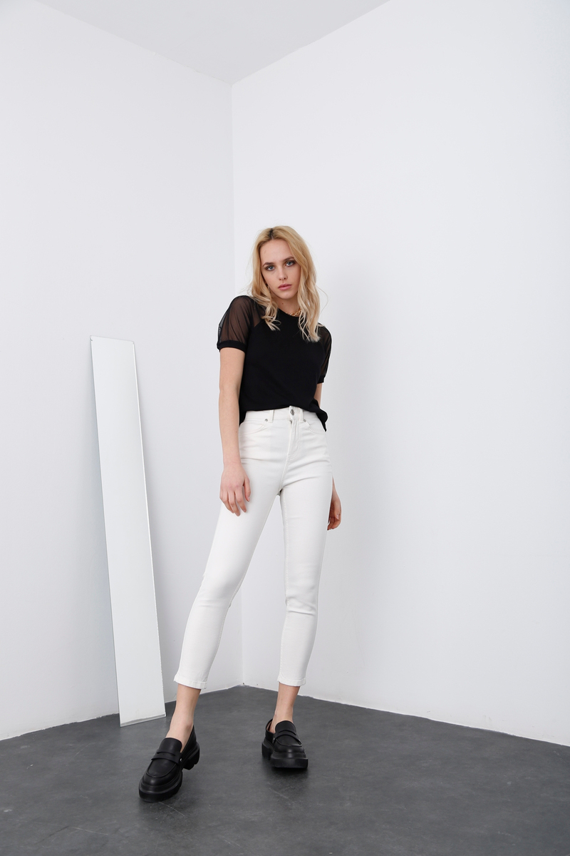 Ekru Yüksek Bel Likralı Skinny Jean 