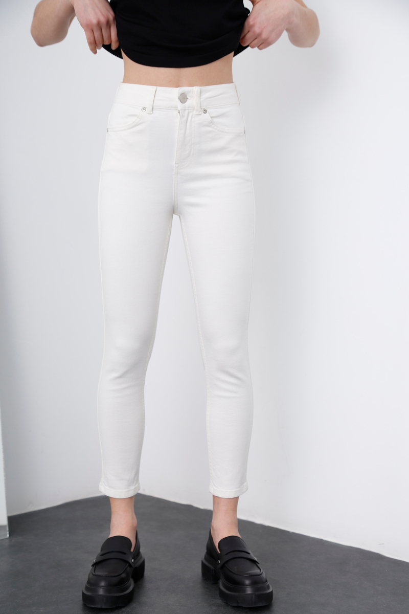 Ekru Yüksek Bel Likralı Skinny Jean 