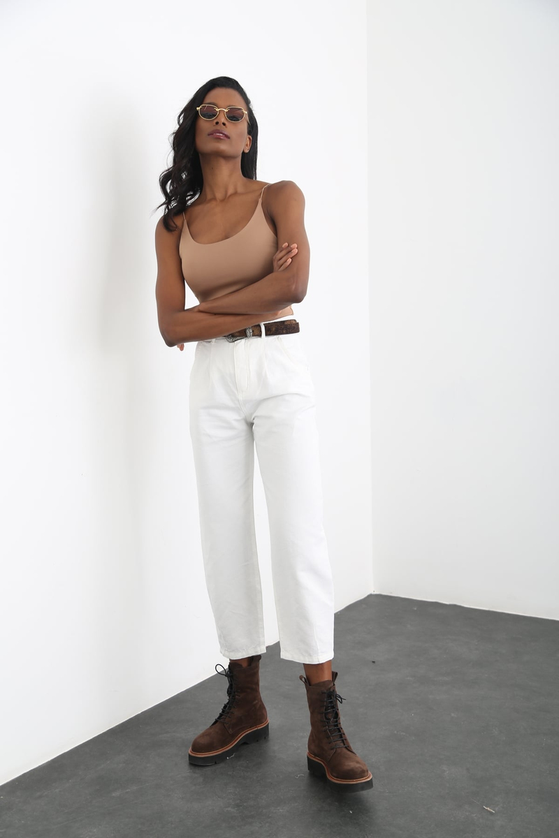 Ekru Yüksek Bel Slouchy Jean 
