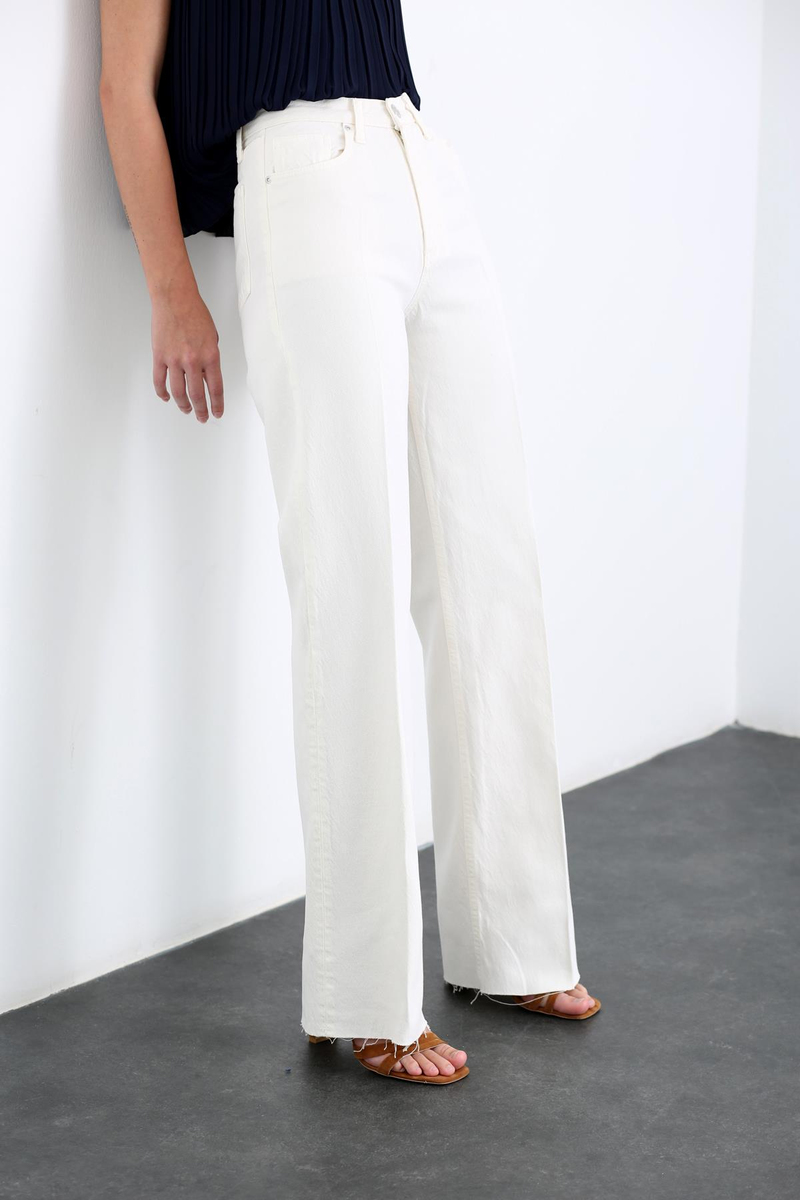 Ekru Yüksek Bel Wide Leg Jean 