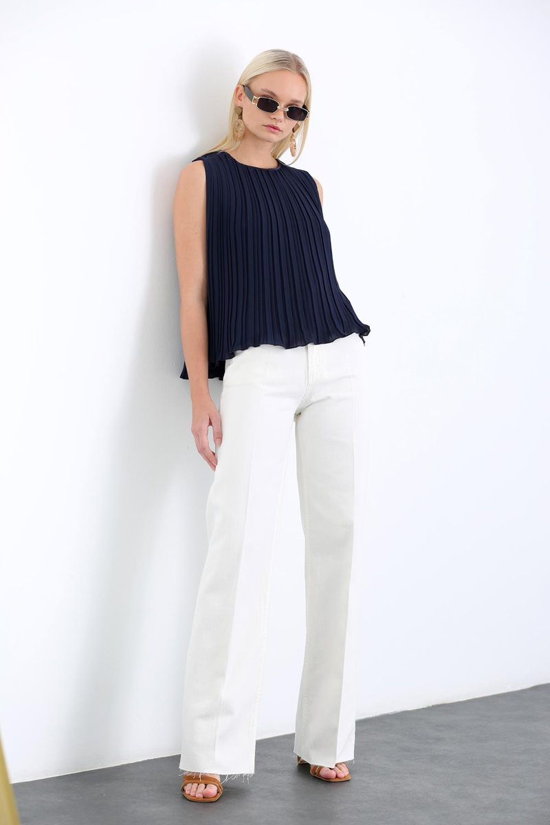 Ekru Yüksek Bel Wide Leg Jean 