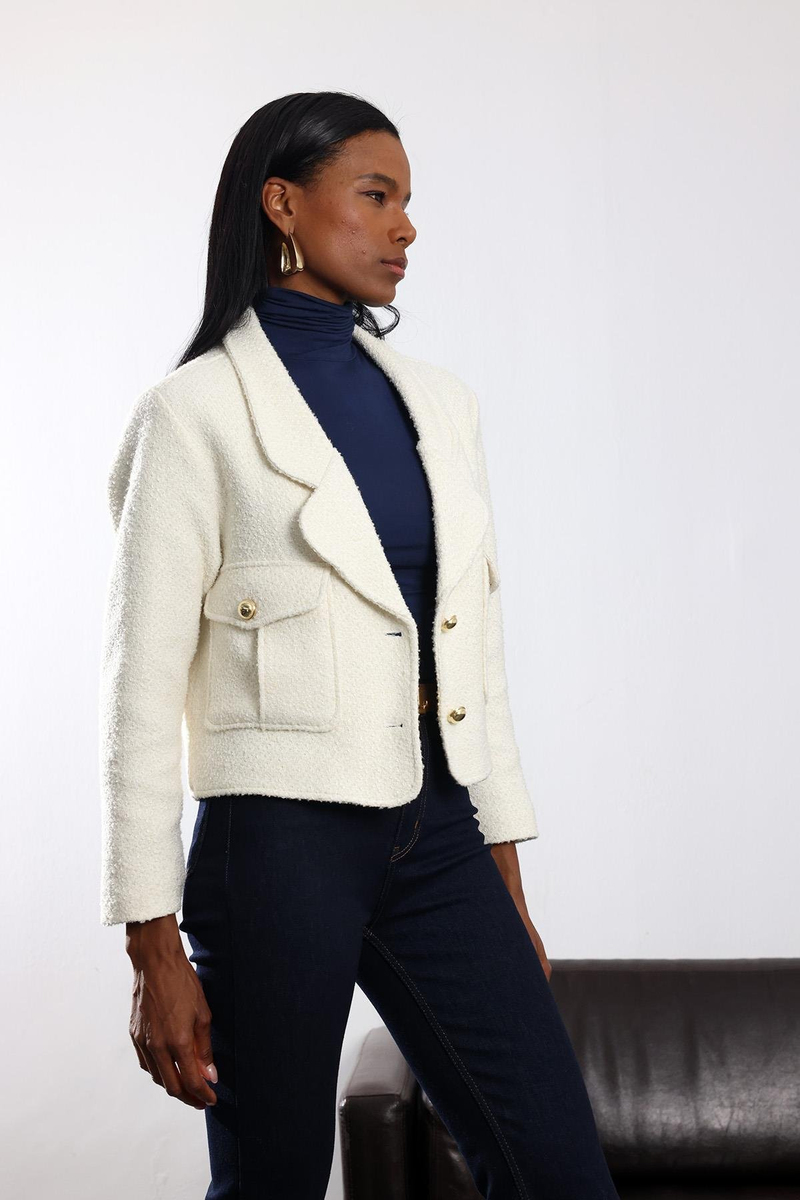 Ekru Yün Karışımlı Tüvit Ceket 03016