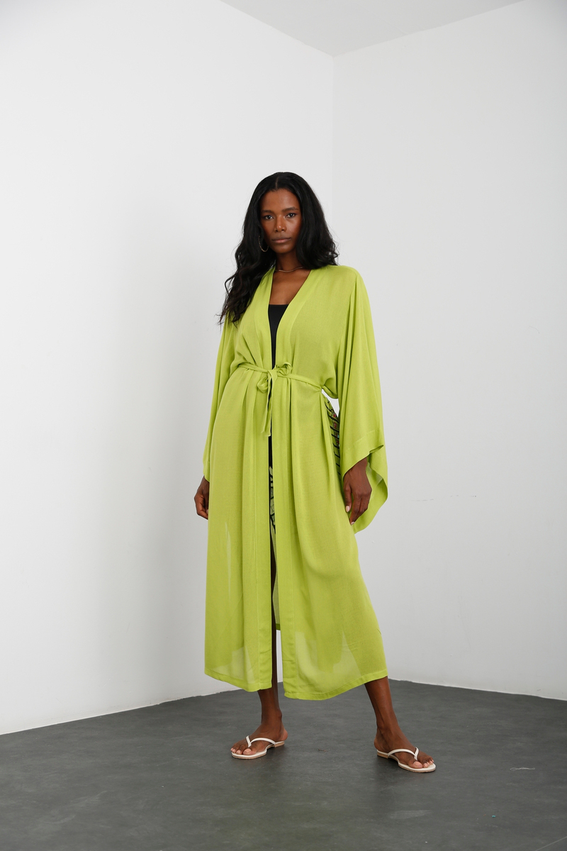 Fıstık Yeşili Sırtı Nakışlı Kuşaklı Kimono 637