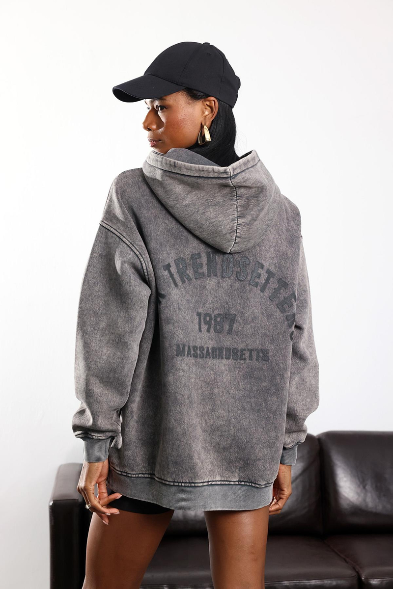 Füme Kapüşonlu Boston Baskılı Yıkamalı Sweatshirt 7273