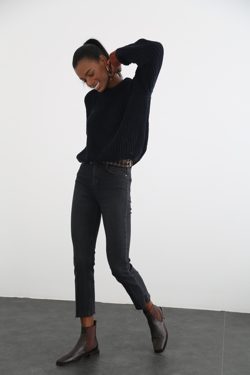 Füme Kesik Paça Yüksek Bel Mom Fit Jean 20388