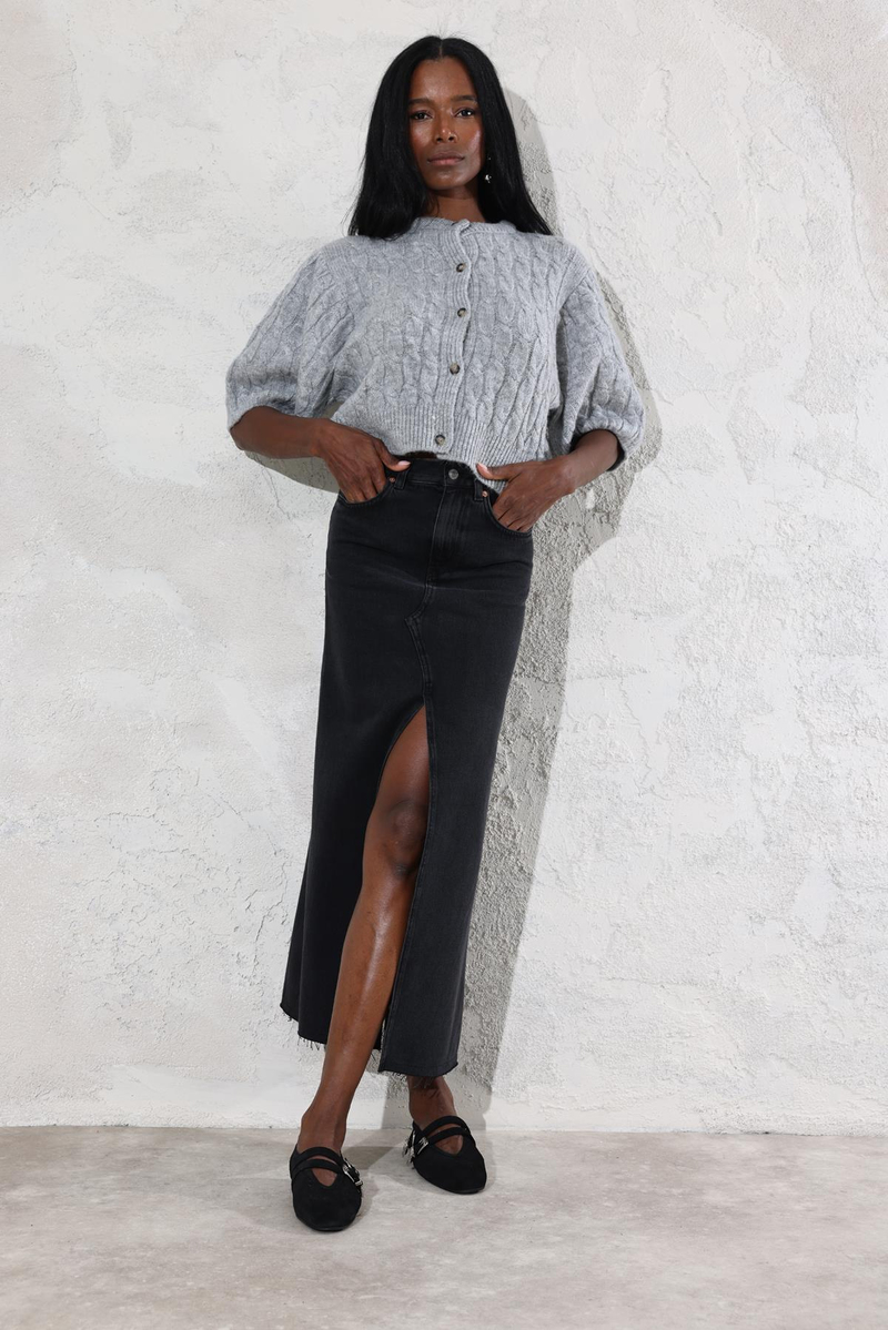 Füme Önü Yırtmaçlı Denim Etek 