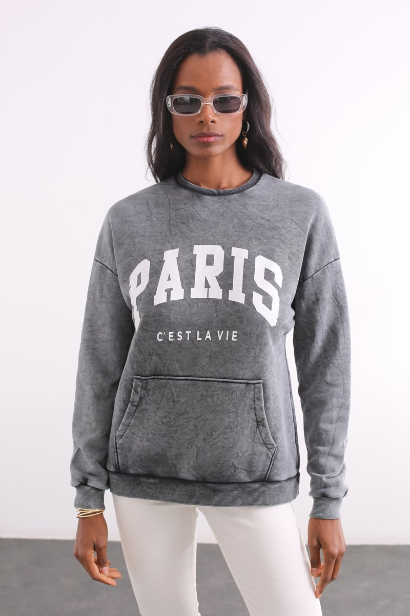 Füme Paris Baskılı Kanguru Cepli Sweatshirt 13569
