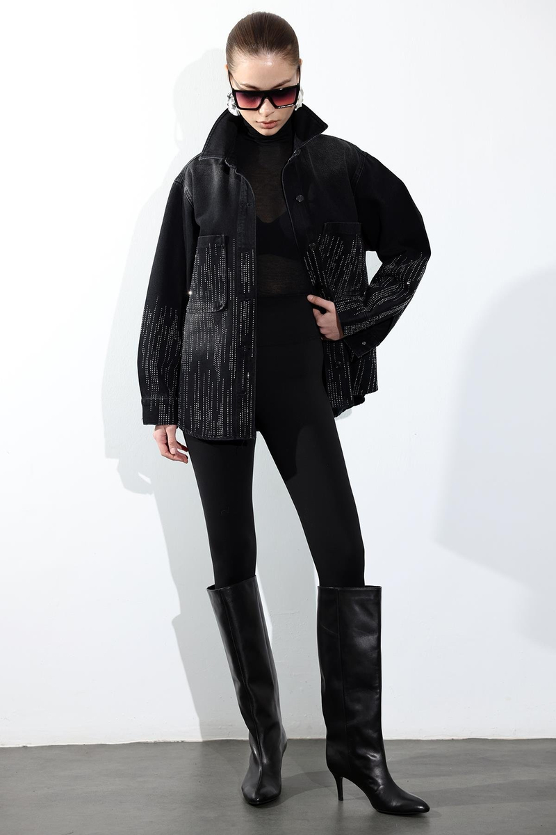 Füme Taş İşlemeli Denim Ceket 5103