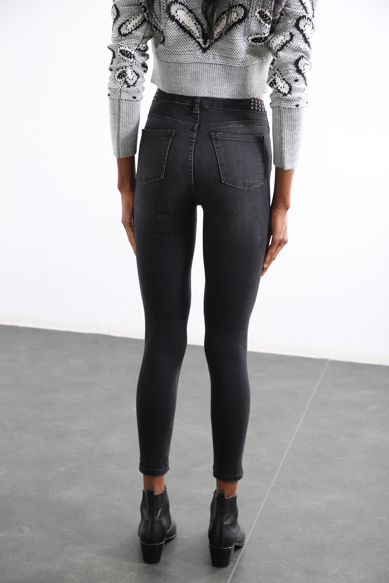Füme Yüksek Bel Beli Taşlı Slim Fit Jean D-596