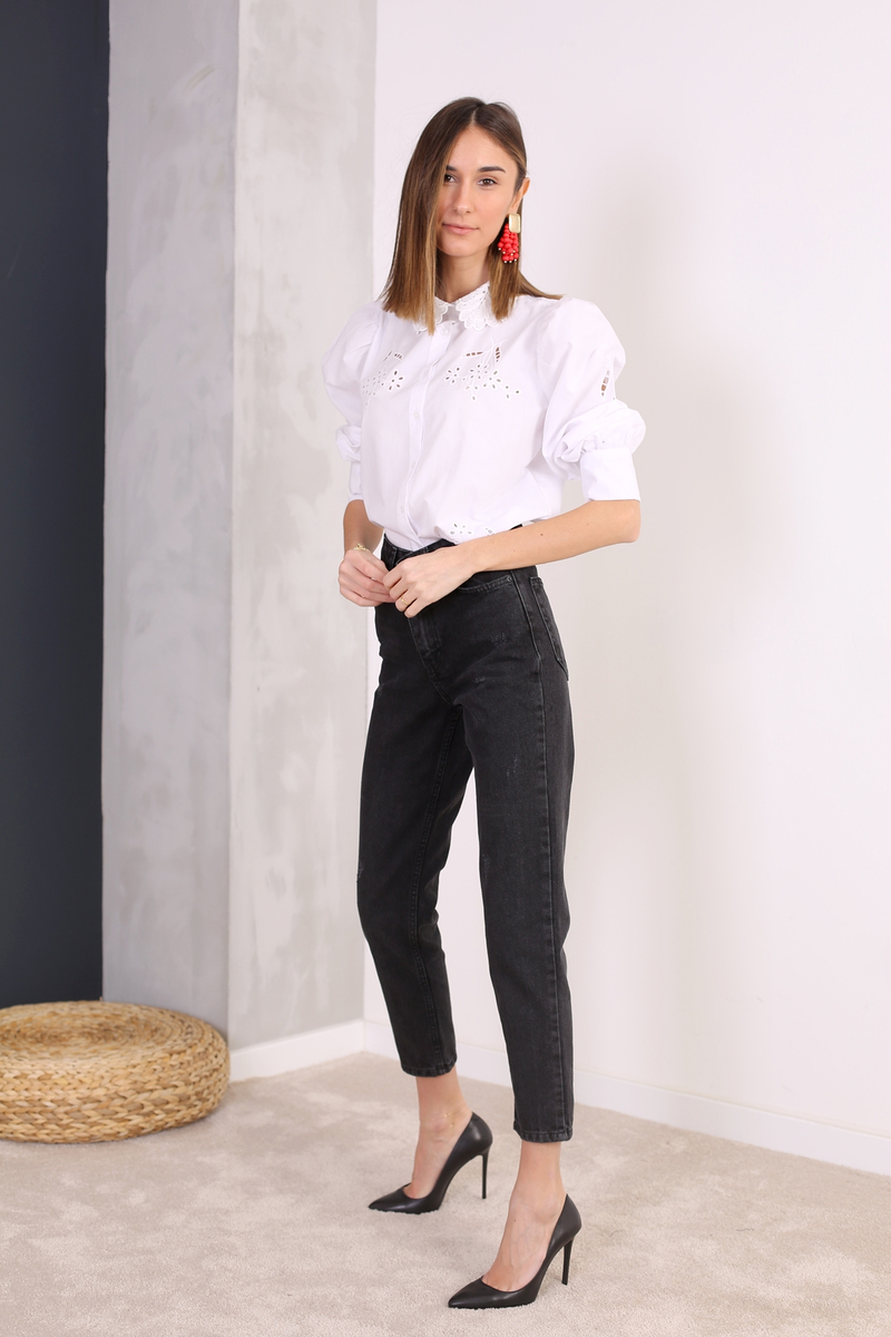 Füme Yüksek Bel Eskitmeli Mom Fit 2120