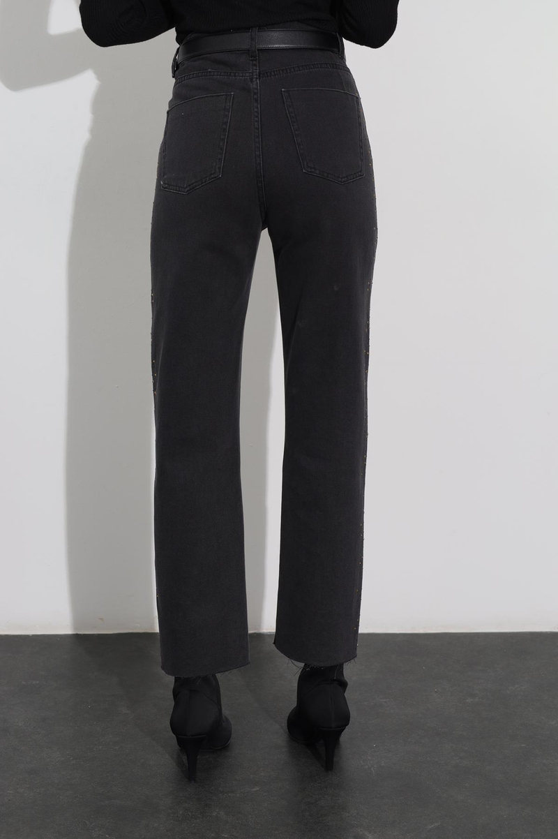 Füme Yüksek Bel Taşlı Jean 00803