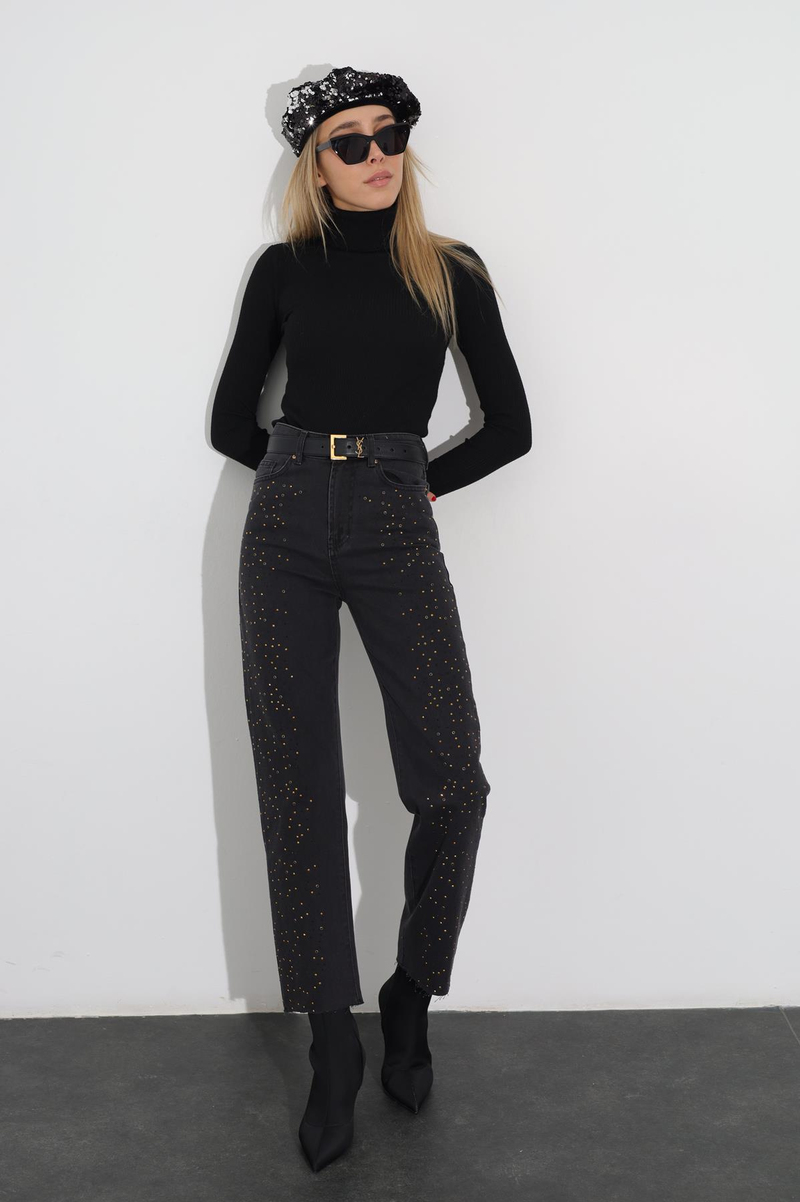 Füme Yüksek Bel Taşlı Jean 00803