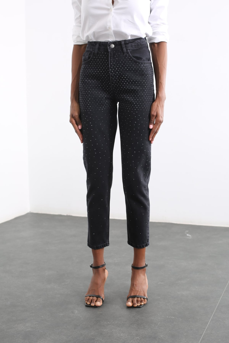 Füme Yüksek Bel Taşlı Mom Jean K22401-T