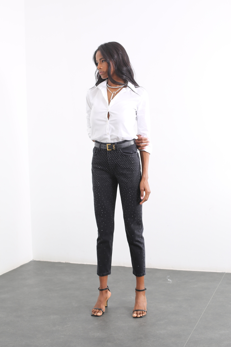 Füme Yüksek Bel Taşlı Mom Jean K22401-T