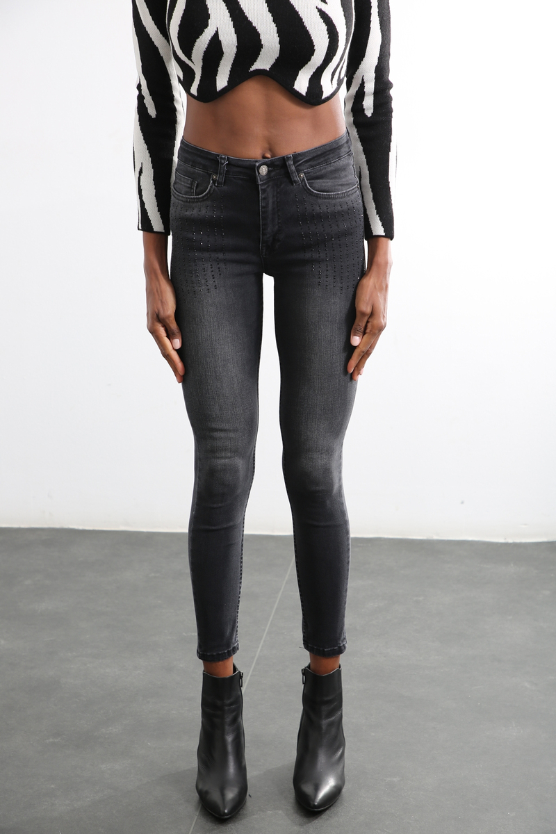 Füme Yüksek Bel Taşlı Slim Fit Jean D-211