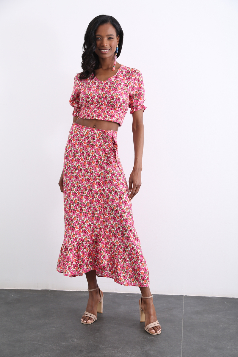 Fuşya Çiçekli Crop Etek Takım 3364